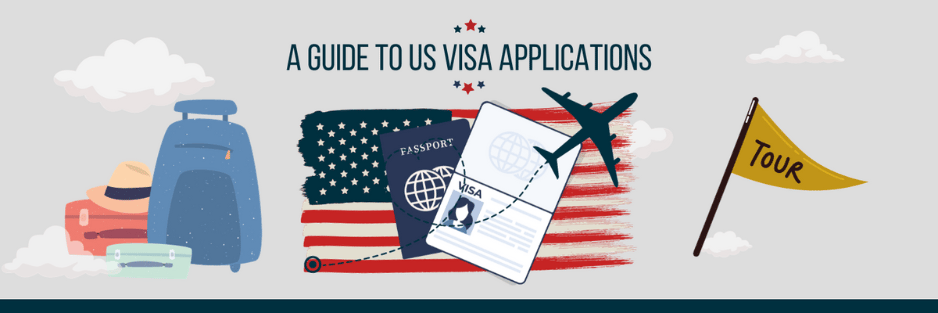 an illustration of usa flag, with passport, visa and a airplane flying over the surface of the flag with travelling bags by the side